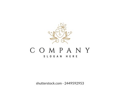 beautiful woman logo with combination of flowers and leaves in gold linear line art design style