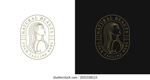 Beautiful woman logo design template with circle badge. Hair, girl, symbol. beauty salon, massage, magazine, cosmetic and spa.