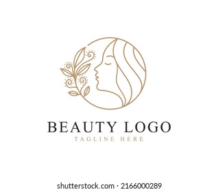 Beautiful woman logo design template with circle badge. Hair, girl, leaf, flower symbol. beauty salon, massage, magazine, cosmetic and spa.