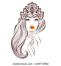 Beautiful woman logo, hairstyle, red lipstick, eyelash extensions, tribal style crown. Asian motive,ethnic style, spa salon, sign, symbol, nails studio. Print wallpaper background. Vector illustration