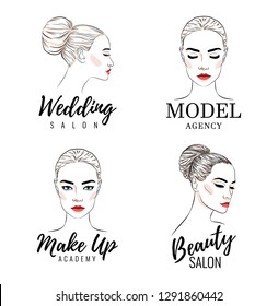 Beautiful Woman Logo Set, Model Academy Logo, Beauty Wedding Salon, Banner Or Poster Design, Vector Illustration Line Sketch Style