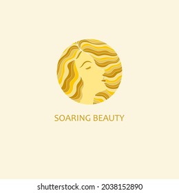 Beautiful woman logo template in gpld, pastel colors. Circle face emblem design. Pretty girl web icon in round shape. Luxury spa logo with woman face, original modern template