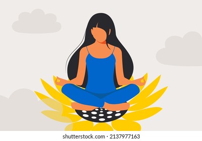 A beautiful woman with long black hair sits in a lotus position, meditates in a sunflower flower and feels great, radiating positive feminine energy. Be calm and take care of yourself. Vector.