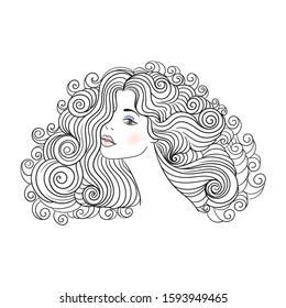 Beautiful woman with long blond curly hair, face, silhouette.Stock vector illustration isolated on white background. Logo women.