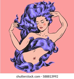 Beautiful woman with long blue hair. Mermaid with closed eyes relaxed