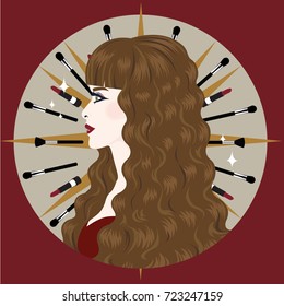 beautiful woman with long brown curly hair and make up brush red lip vector illustration 