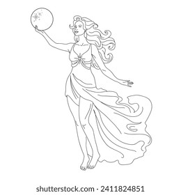 A beautiful woman in a long dress with long hair holds the moon in her hand. Magic concept. Line art.