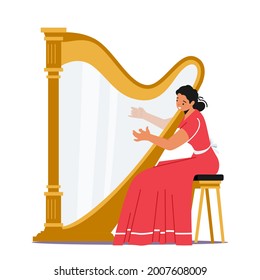 Beautiful Woman in Long Dress Perform on Stage with Harp Playing Classical Music . Female Character Playing Concert on Scene. Musician with String Instrument Performance. Cartoon Vector Illustration