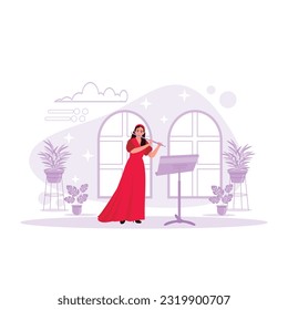 Beautiful woman in a long dress, playing flute professionally. Trend Modern vector flat illustration.