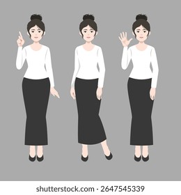beautiful woman in long dress and white top with various posture. flat vector, illustration design.