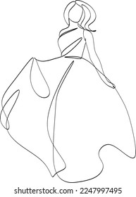 Beautiful woman in long flowing dress in continuous line art drawing style. Girl wearing luxury evening or bridal gown. Minimalist black linear sketch isolated on white background. Vector illustration