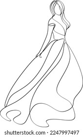 Beautiful woman in long flowing dress in continuous line art drawing style. Girl wearing luxury evening or bridal gown. Minimalist black linear sketch isolated on white background. Vector illustration