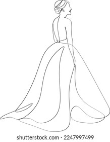 Beautiful woman in long flowing dress in continuous line art drawing style. Girl wearing luxury evening or bridal gown. Minimalist black linear sketch isolated on white background. Vector illustration