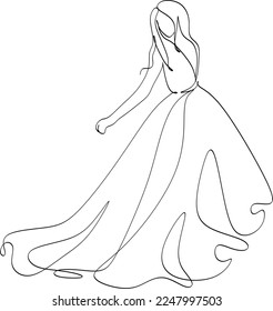 Beautiful woman in long flowing dress in continuous line art drawing style. Girl wearing luxury evening or bridal gown. Minimalist black linear sketch isolated on white background. Vector illustration