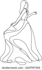 Beautiful woman in long flowing dress in continuous line art drawing style. Girl wearing luxury evening or bridal gown. Minimalist black linear sketch isolated on white background. Vector illustration