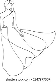 Beautiful woman in long flowing dress in continuous line art drawing style. Girl wearing luxury evening or bridal gown. Minimalist black linear sketch isolated on white background. Vector illustration svg