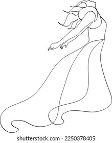 Beautiful woman in long flowing dress in continuous line art drawing style. Girl wearing luxury evening or bridal gown. Minimalist black linear sketch isolated on white background. Vector illustration