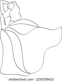 Beautiful woman in long flowing dress in continuous line art drawing style. Girl wearing luxury evening or bridal gown. Minimalist black linear sketch isolated on white background. Vector illustration