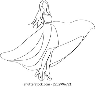 Schöne Frau in langfließendem Kleid in kontinuierlicher Linie Kunstzeichnung Stil. Mädchen mit Luxusabend oder Brautkleid. Minimalistische schwarze lineare Skizze einzeln auf weißem Hintergrund. Vektorgrafik