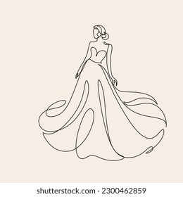 Beautiful woman in long flowing dress in continuous line art drawing style. Girl wearing luxury evening or bridal gown. Minimalist black linear sketch isolated on white background. Vector illustration