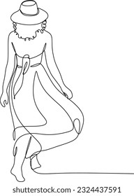 Beautiful woman in long flowing dress in continuous line art drawing style. Girl wearing luxury evening or bridal gown. Minimalist black linear sketch isolated on white background. Vector illustration