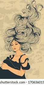 Beautiful woman with long flowing hair artistic illustration