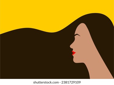 Beautiful woman with long flowing hair. The silhouette is in profile. Template for beauty salon, hairdresser, shampoo, greeting card, Women's Day, International Women's Day, March 8.
