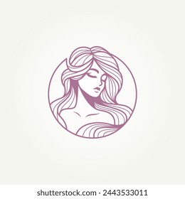 beautiful woman with long flowing hair line art label logo vector illustration design. modern beauty salon, hair salon and cosmetic logo concept