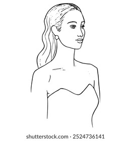 beautiful woman with long flowing hair slicked back half-up, doodle portrait in three quarters - hand drawn outline sketch