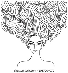 Beautiful woman with the long flowing hairs for design element and coloring book page. Vector illustration