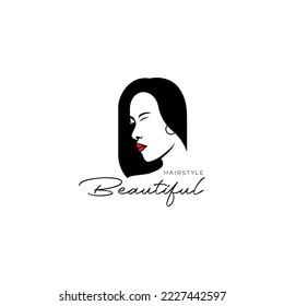 beautiful woman long hair aesthetic logo design vector