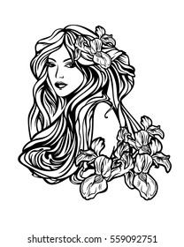 beautiful woman with long hair among iris flowers - art nouveau style vector illustration