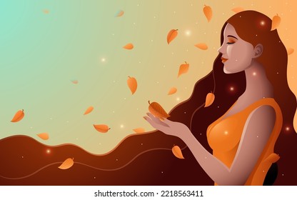 Beautiful woman with long hair in the autumn season, vector illustration