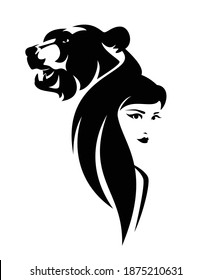 beautiful woman with long hair and bear head black and white vector design - tribal portrait of shaman native american girl and wild animal