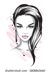 Beautiful woman with long hair. Big eyes and full lips. Vector illustration for greeting card or poster, print on clothes. Fashion and style.
