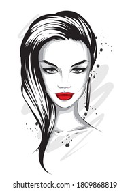 Beautiful woman with long hair. Big eyes and full lips. Vector illustration for greeting card or poster, print on clothes. Fashion and style.