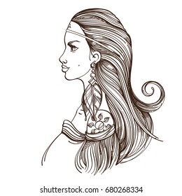 Beautiful woman with long hair. Contour illustration for tattoos and dazain clothes, posters, fashion shows.