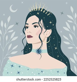 Mujer hermosa. Mujer de cabello largo adornada con estrellas. Ilustración sobre el sueño, noche estrellada, magia, esotérica.