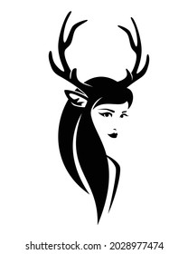 beautiful woman with long hair and deer antlers - forest nymph with animal ears and horns black and white vector outline portrait