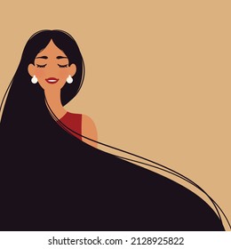 Beautiful woman with long hair. Feminine illustration. Minimalistic card. 