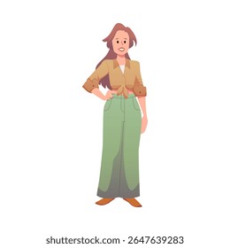 Beautiful woman with long hair flat icon. Cartoon smiling lady wear brown shirt and green trousers. Young female character full height. Friendly office employee, worker isolated