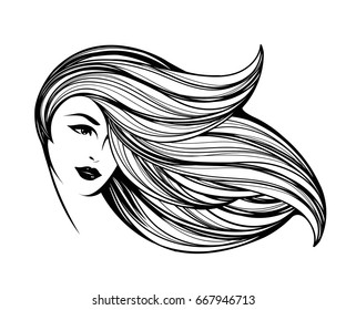 Beautiful woman with long hair flowing in the wind and nice makeup.Hair and beauty salon vector icon isolated on white background.