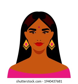 Beautiful Woman With Long Hair, Gold Earrings, Bindi. Ethnic Girl, Indian Culture. Portrait With Head, Shoulders, Avatar. Concept Of Femininity, Beauty, Women's Rights, Self-confidence