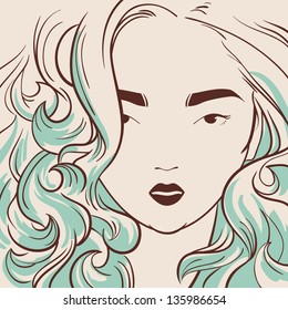 beautiful woman with long hair hand drawn vector illustration eps 10