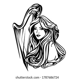 beautiful woman with long hair and harp musical instrument - classical music muse art nouveau style black and white vector portrait