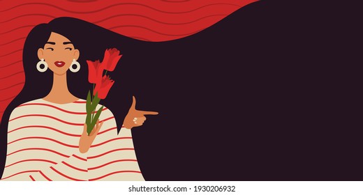 Beautiful woman with long hair holding flowers and pointing to the right. Modern illustration of Women's Day. 8th March. Template for cards, greetings, flyer, banner. 