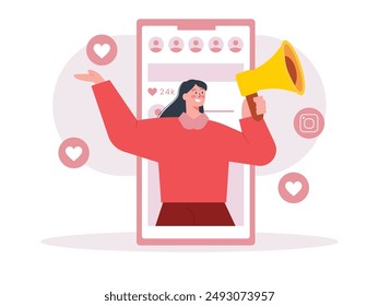 A beautiful woman with long hair is holding a megaphone, promoting a social media app. Character design. Vector flat illustration