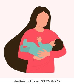A beautiful woman with long hair holds a baby in her arms. Silhouette of a mother with a child. Vector flat graphics.