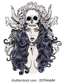 Beautiful woman with long hair and horns, rose, skull