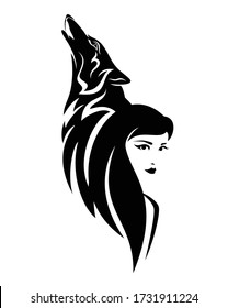 beautiful woman with long hair and howling wolf head - black and white vector portrait design